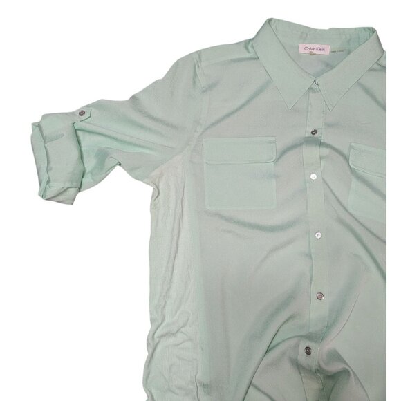 Calvin Klein Women's Mint Green Button-Up Blouse with Roll Tab Sleeves - Picture 12 of 12